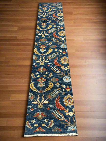 Navy floral 2' 6"X13 Handmade Wool Runner Rug # 11367