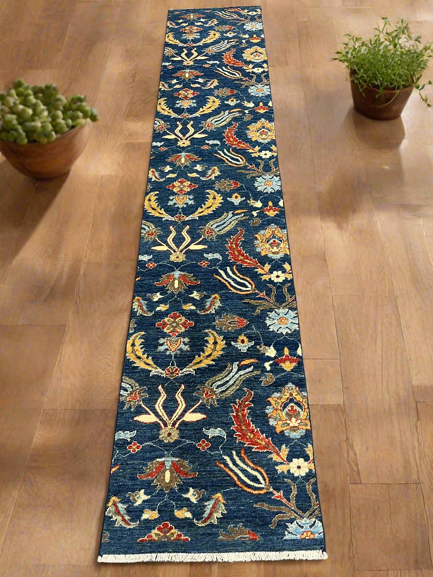 Navy floral 2' 6"X13 Handmade Wool Runner Rug # 11367