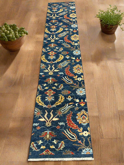 Navy floral 2' 6"X13 Handmade Wool Runner Rug # 11367