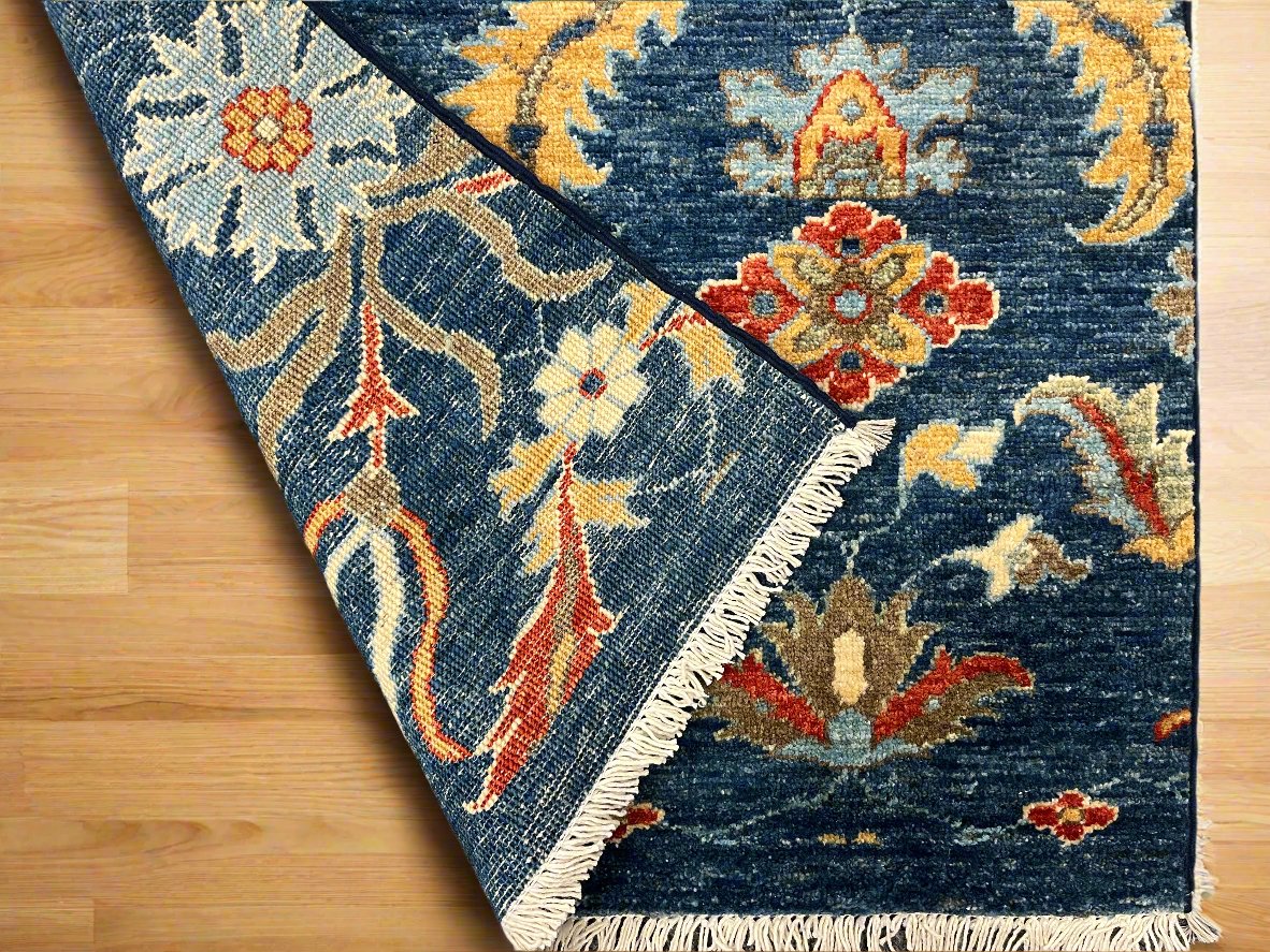 Navy floral 2' 6"X13 Handmade Wool Runner Rug # 11367
