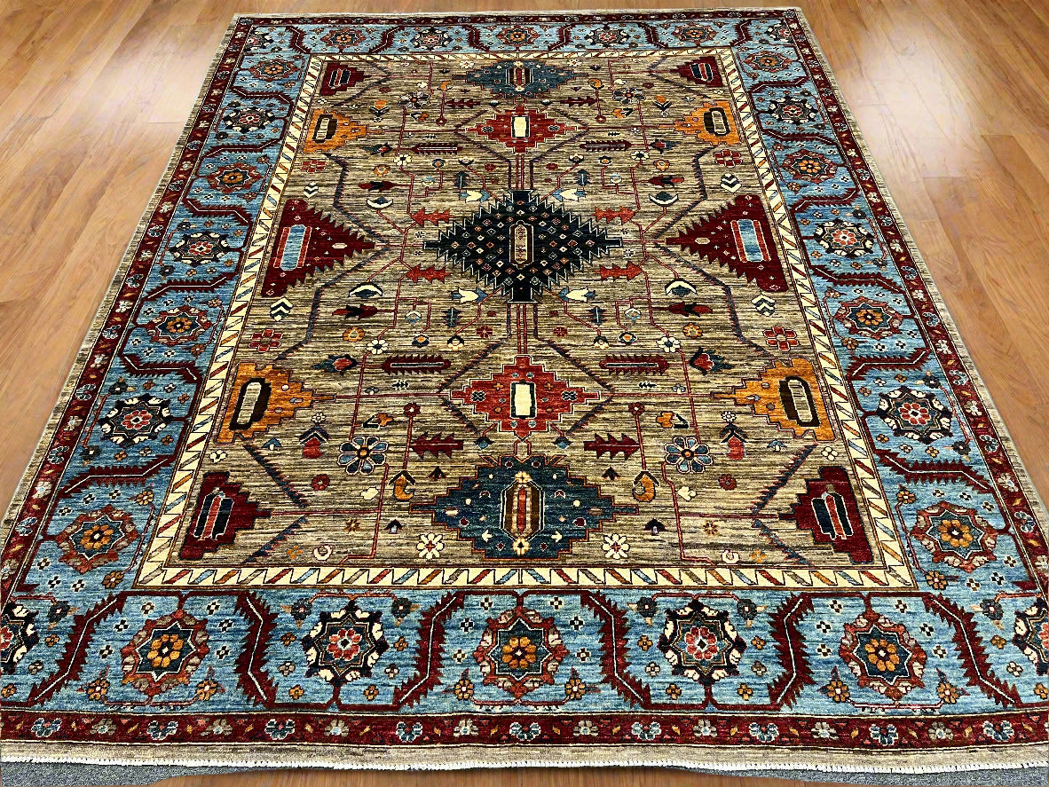 8X10 Afghan Serapi Gray/Light Blue Handmade Wool Rug # 14490