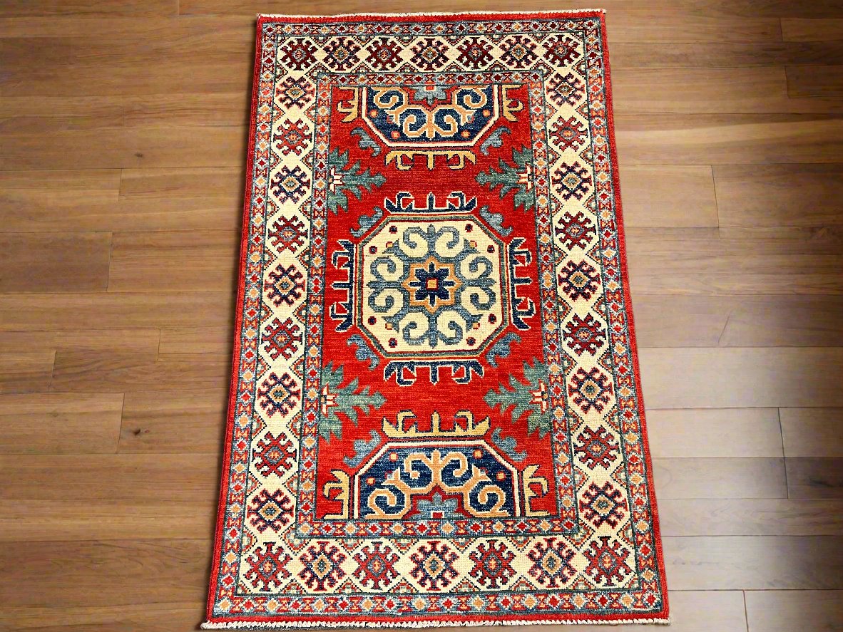Geometric Red Kazak 3X4 Handmade Wool Rug # 14472