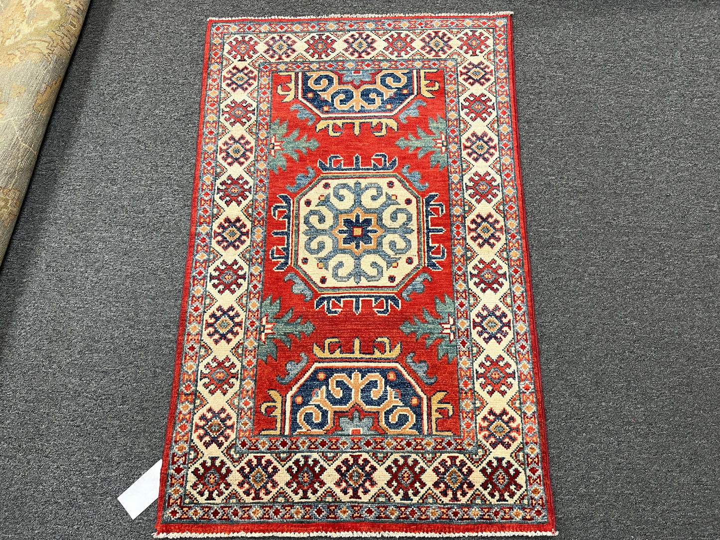 Geometric Red Kazak 3X4 Handmade Wool Rug # 14472
