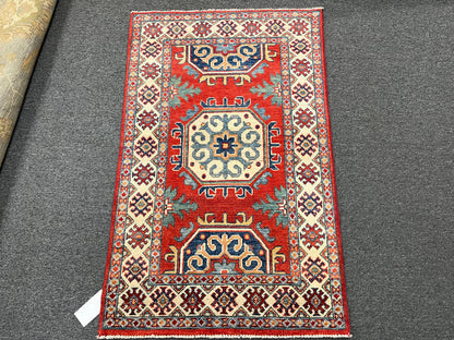 Geometric Red Kazak 3X4 Handmade Wool Rug # 14472