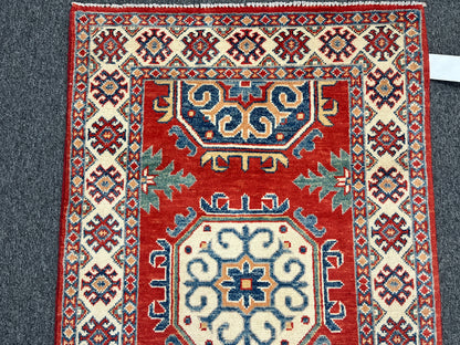 Geometric Red Kazak 3X4 Handmade Wool Rug # 14471