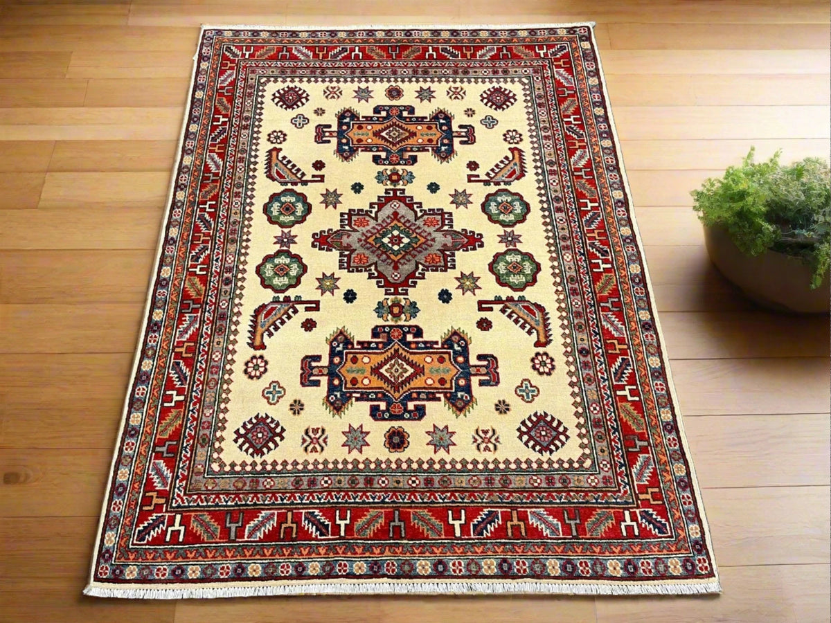 Kazak Ivory Red 5x7 Hand-Knotted Wool Area Rug #12676