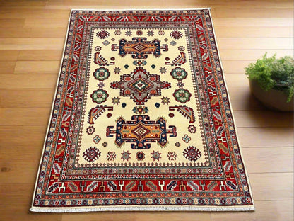 Kazak Ivory Red 5x7 Hand-Knotted Wool Area Rug #12676