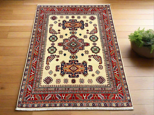 Kazak Ivory Red 5x7 Hand-Knotted Wool Area Rug #12676