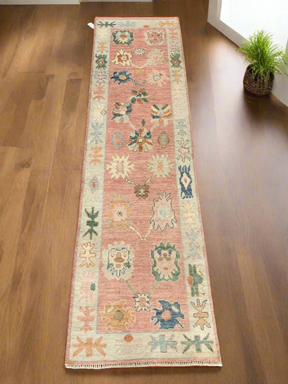 Oushak Pink & Beige 2'6" x 9' Handmade Wool Runner Rug1