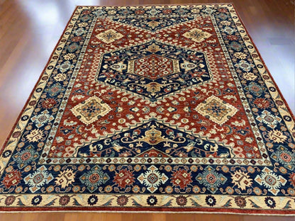 Traditional Red & Navy Blue 9x12 Medallion Handmade Wool Rug # 11100