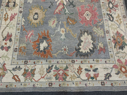 Gray Oushak 8X10 Blue/Beige Handmade Wool Rug # 12247