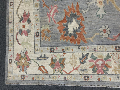 Gray Oushak 8X10 Blue/Beige Handmade Wool Rug # 12247
